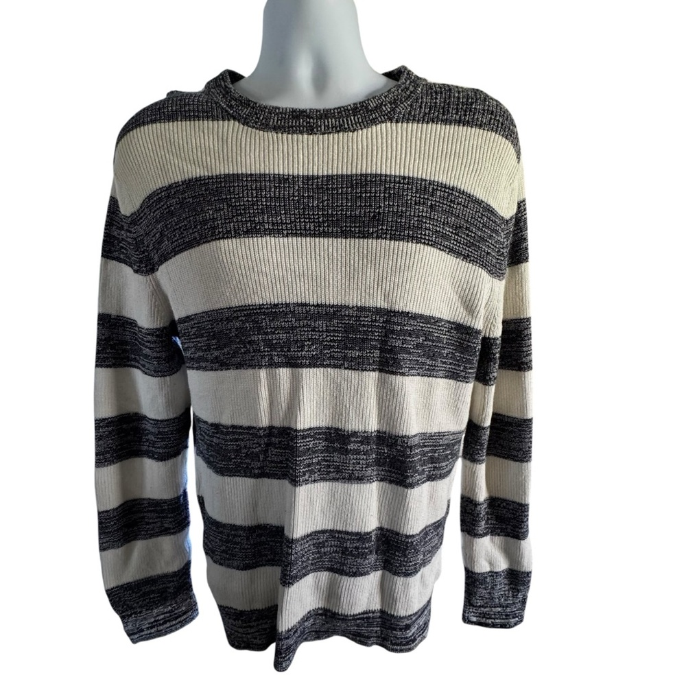 Express Black and Cream Striped Crewneck Sweater